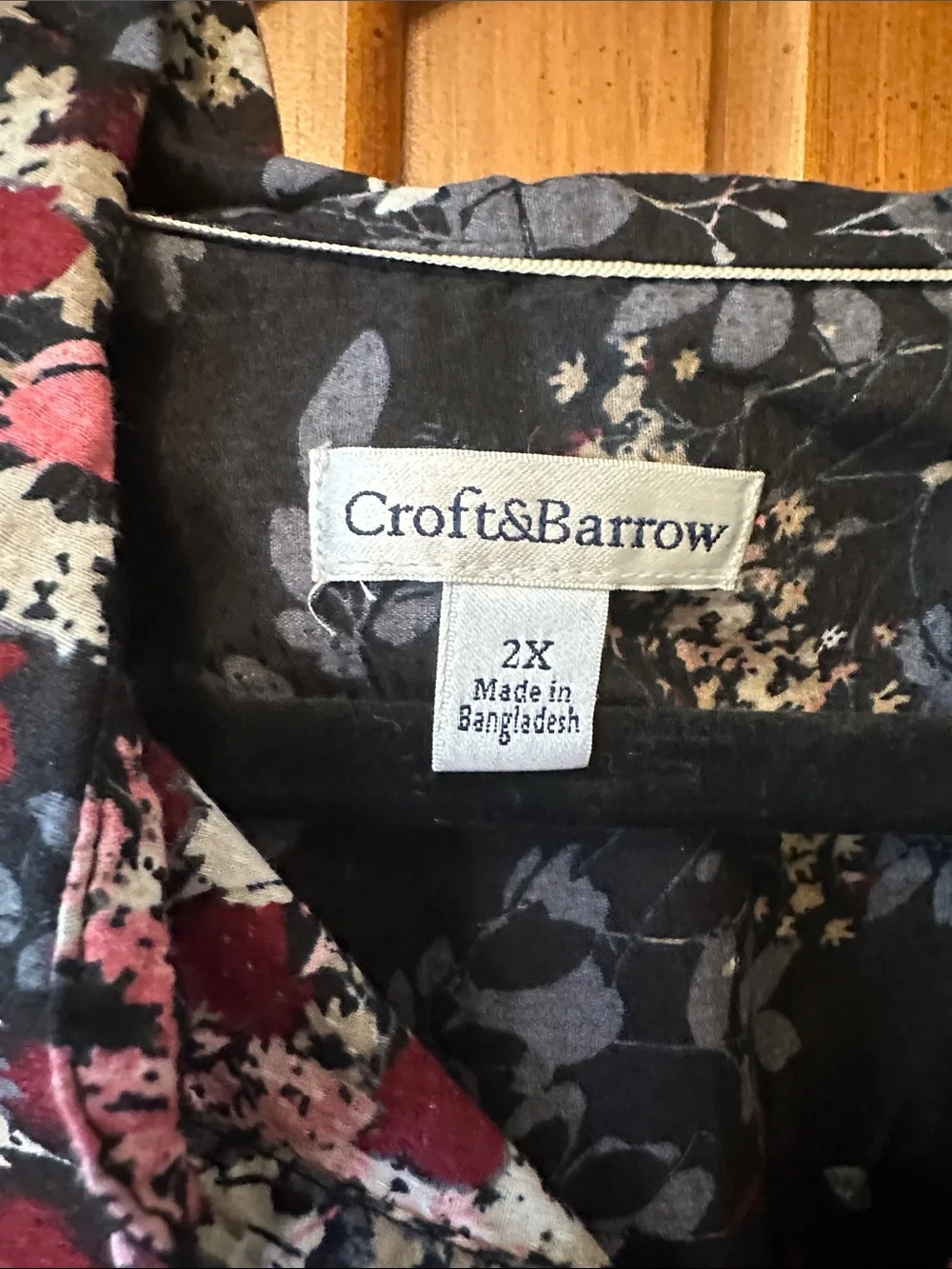 NWT croft & barrow Black Floral Button-Down Shirt with Pink and Blue Accents 2X